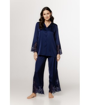 Élégant ensemble pyjama, haut chemise, dentelle sur les manches et sur le bas du pantalon