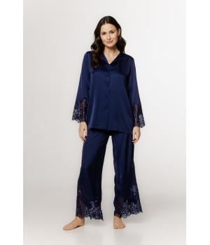 Conjunto de pijama azul holgado con encaje en mangas y bajo