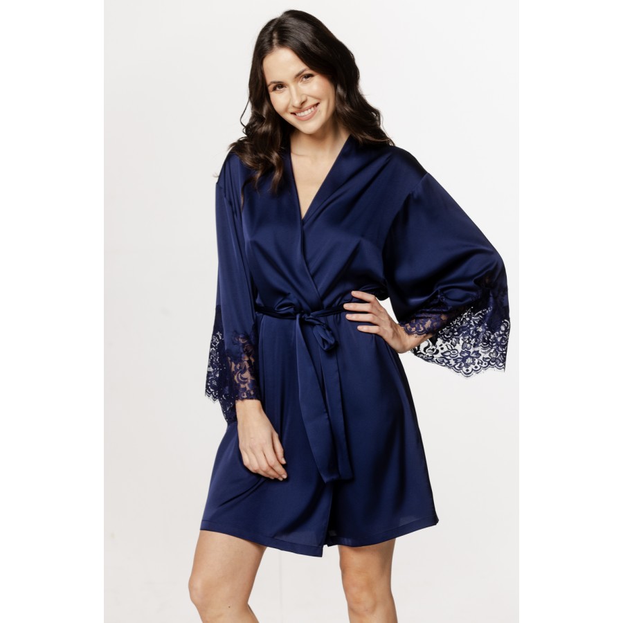 Beautiful mid-length satin and spandex robe with lace cuffs