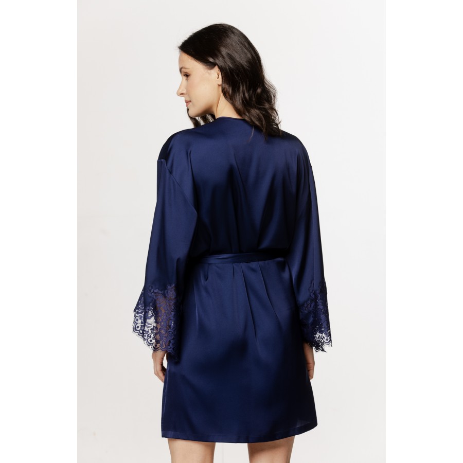 Beautiful mid-length satin and spandex robe with lace cuffs