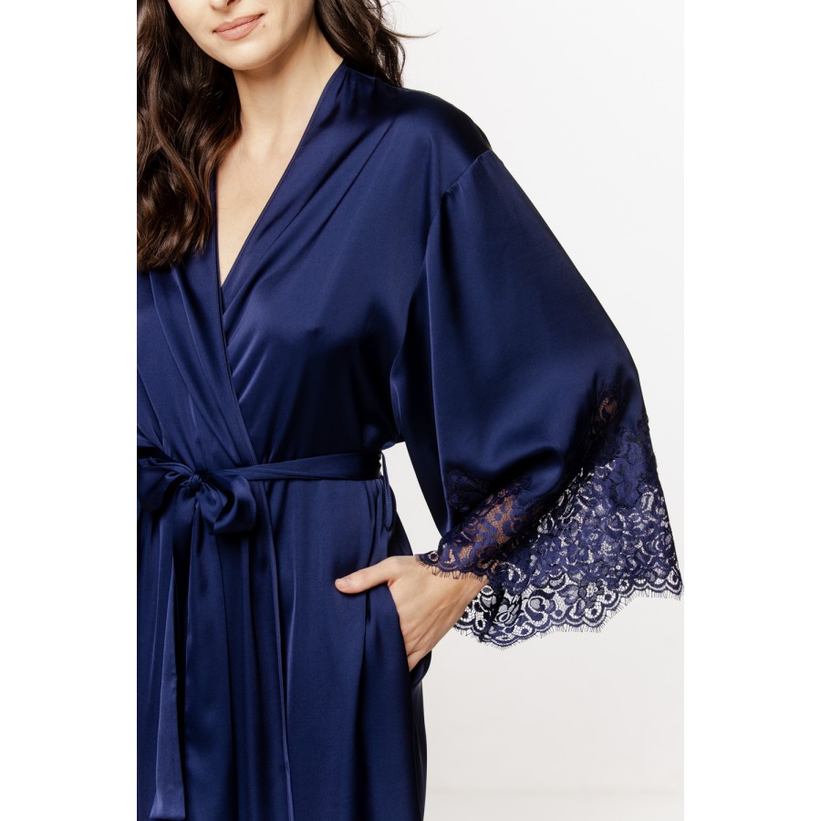 Beautiful mid-length satin and spandex robe with lace cuffs