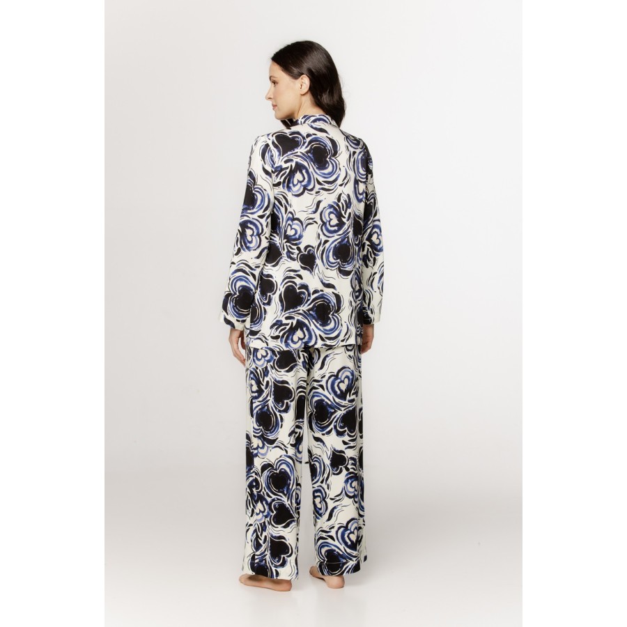 Top camisero pijama viscosa satinada estampado japonés azul negro