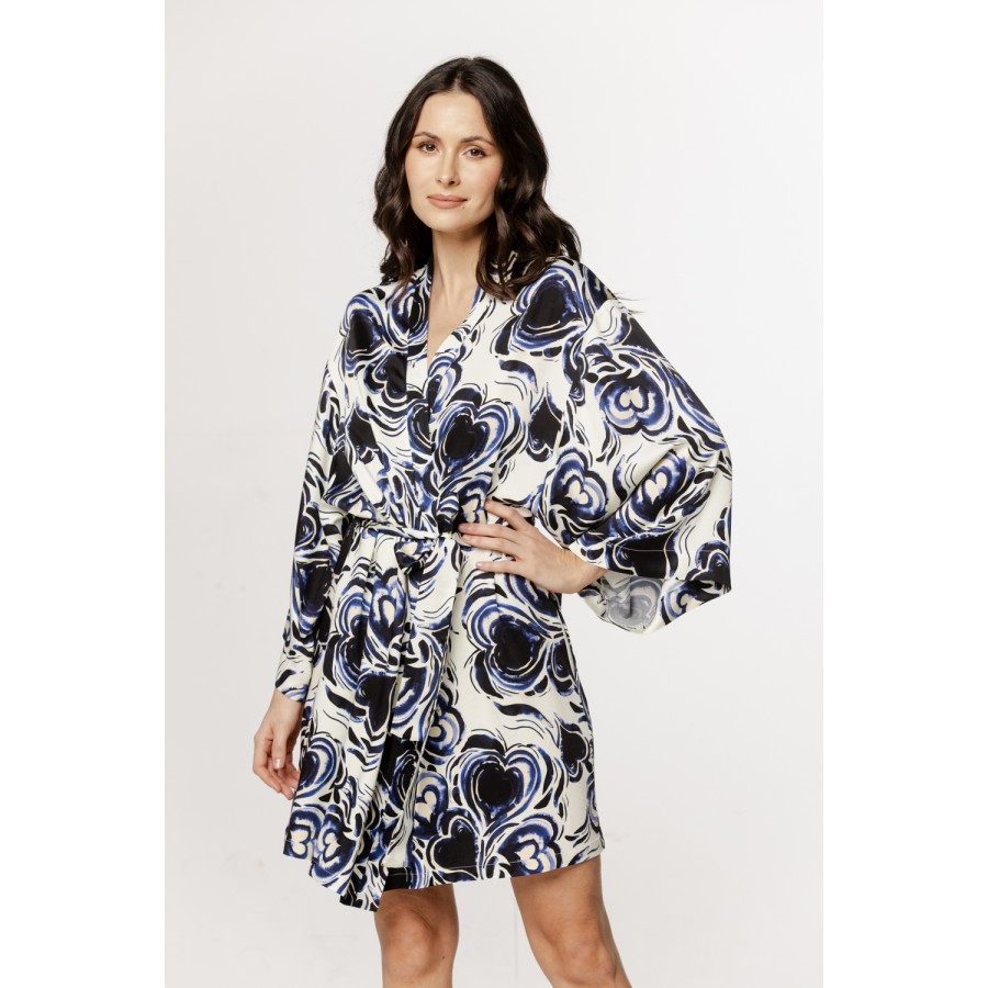 Sublime déshabillé en viscose satin à motif, manches amples et évasées, ceinture