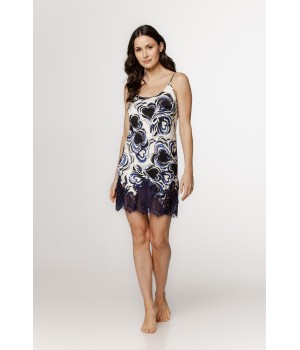 Lovely patterned viscose satin nightie with thin straps, open back, and lace