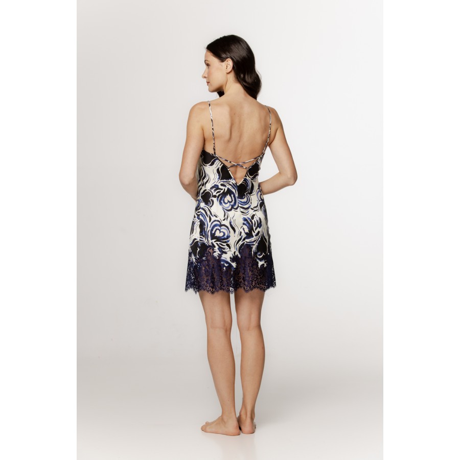 Lovely patterned viscose satin nightie with thin straps, open back, and lace