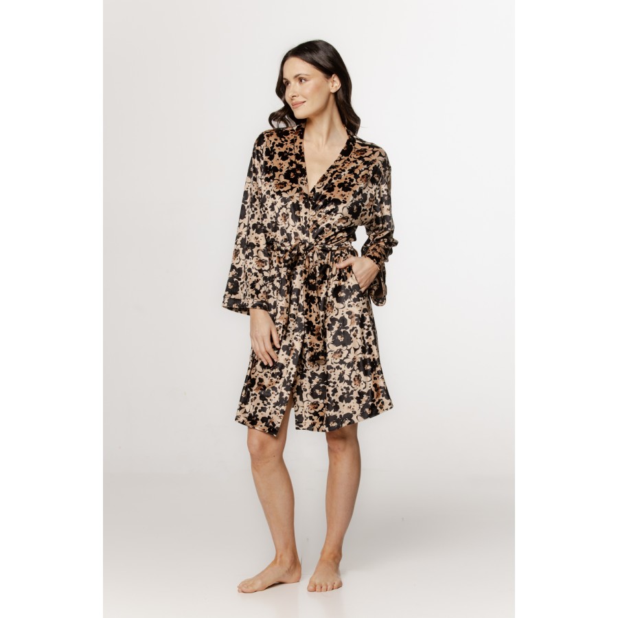 Magnifique déshabillé mi-long en velours motif floral, manches longues