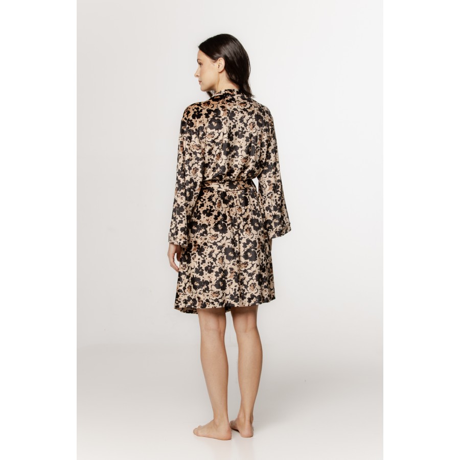 Magnifique déshabillé mi-long en velours motif floral, manches longues