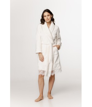 Lovely mid-length fluffy bathrobe with lace trim and shawl collar