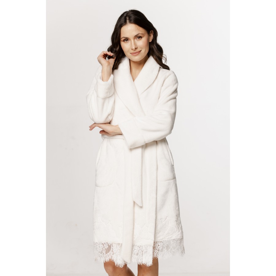 Lovely mid-length fluffy bathrobe with lace trim and shawl collar