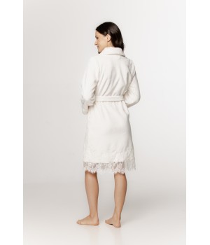 Lovely mid-length fluffy bathrobe with lace trim and shawl collar