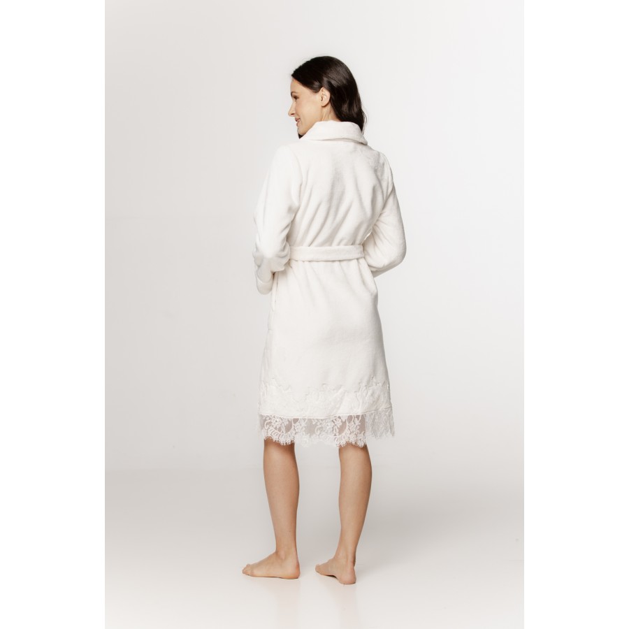 Lovely mid-length fluffy bathrobe with lace trim and shawl collar