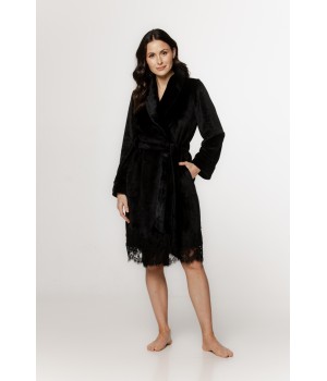 Ravissant peignoir mi-long fluffy ourlé de dentelle sur le bas, col châle