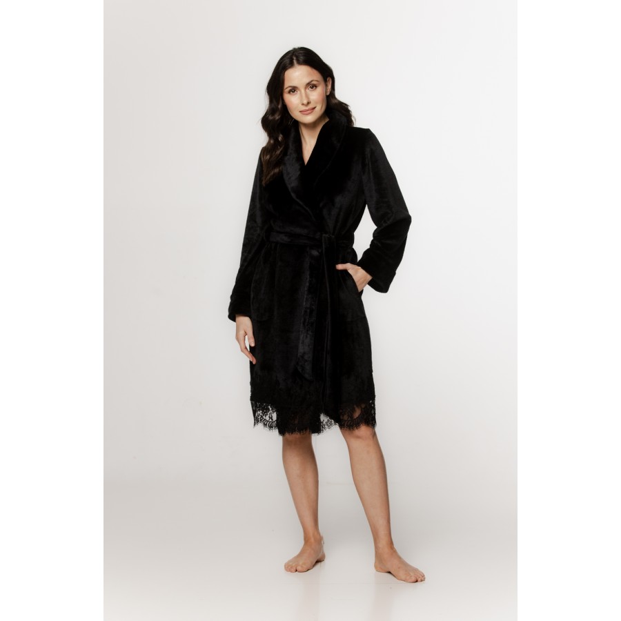 Lovely mid-length fluffy bathrobe with lace trim and shawl collar