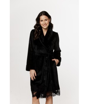 Ravissant peignoir mi-long fluffy ourlé de dentelle sur le bas, col châle