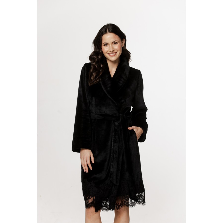 Lovely mid-length fluffy bathrobe with lace trim and shawl collar