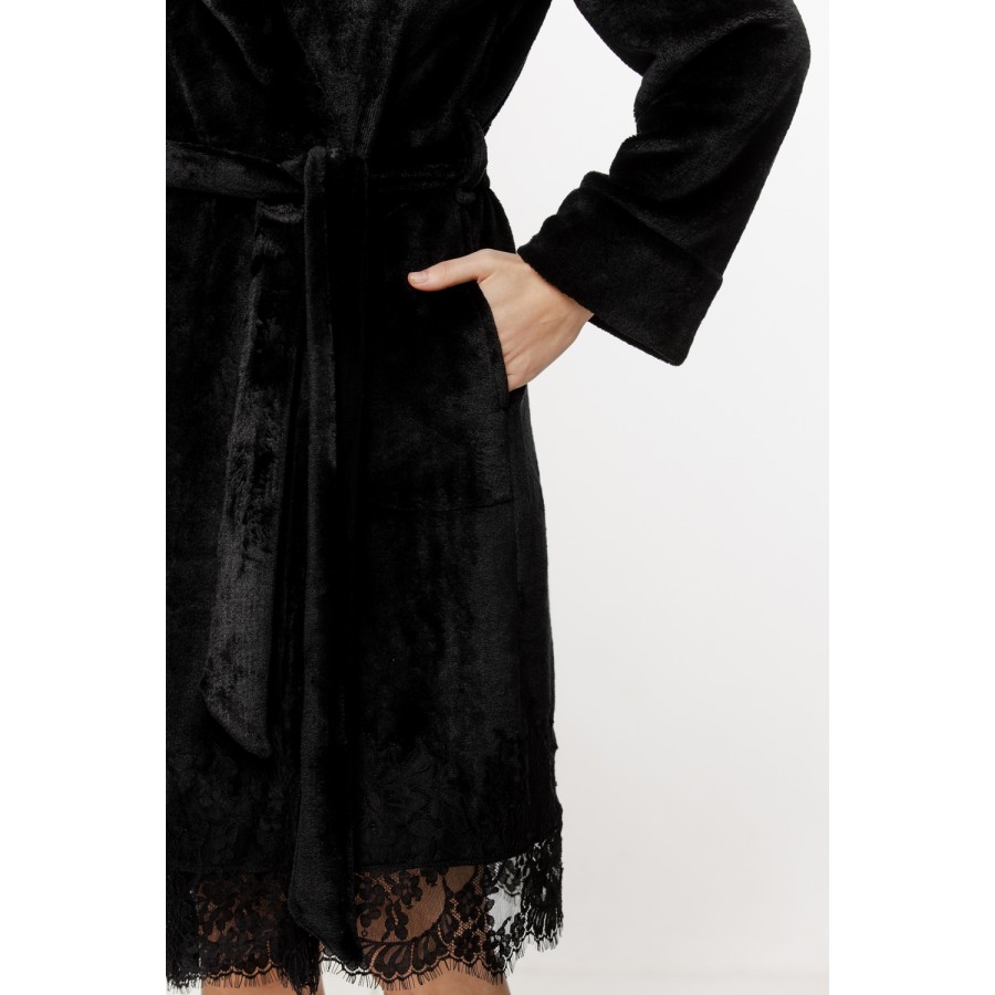 Lovely mid-length fluffy bathrobe with lace trim and shawl collar