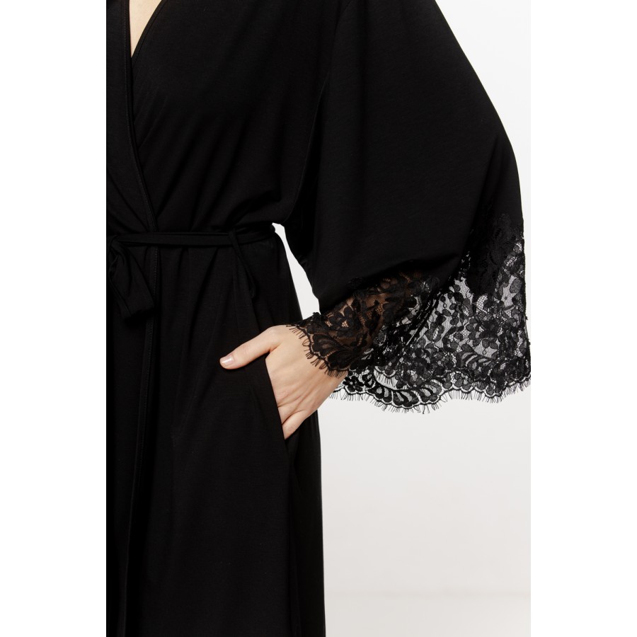 Fabulous mid-length micromodal robe with lace trim on the forearms