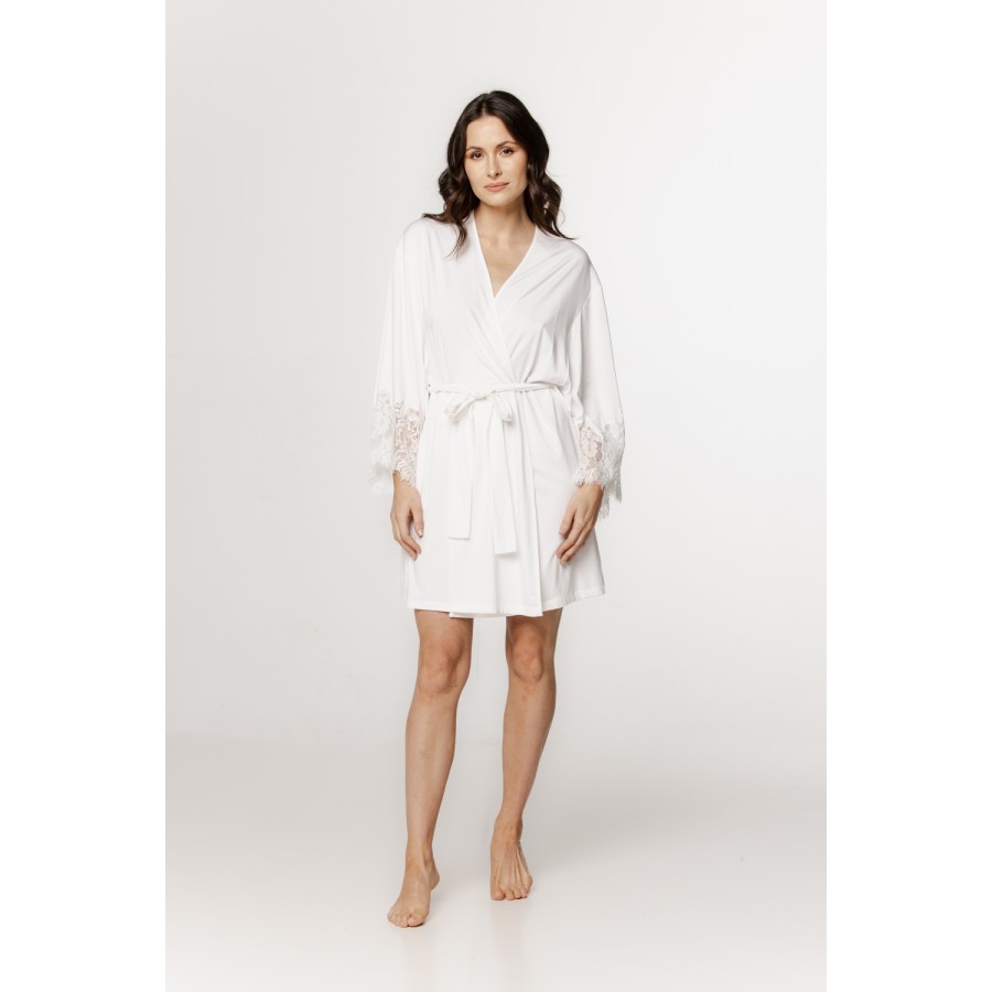 Fabulous mid-length micromodal robe with lace trim on the forearms