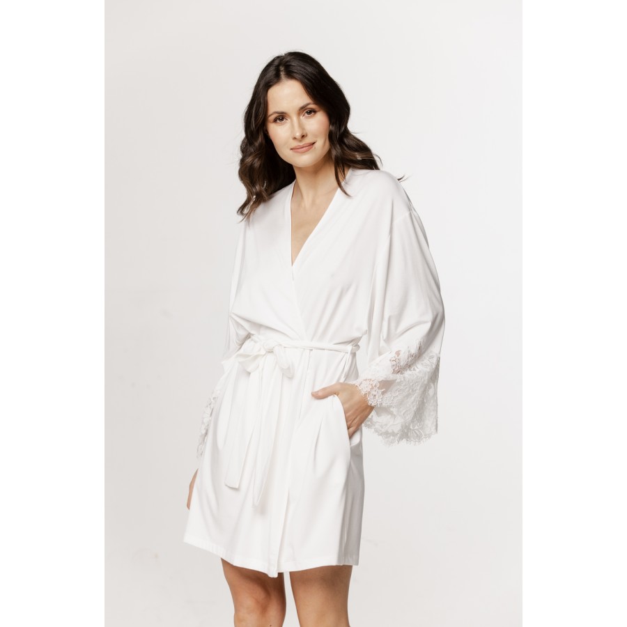 Fabulous mid-length micromodal robe with lace trim on the forearms