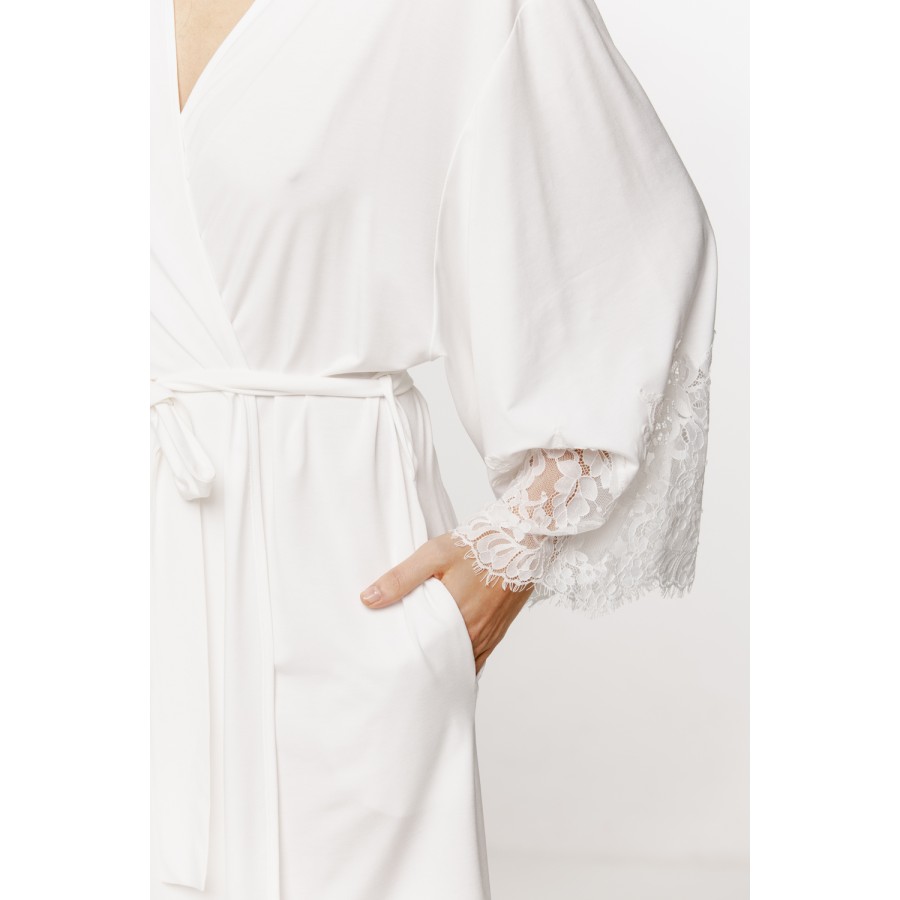 Fabulous mid-length micromodal robe with lace trim on the forearms