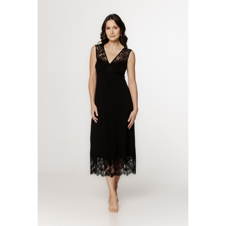 Camisón largo micromodal negro con lazos cruzados en la espalda
