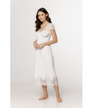 Longue chemise de nuit pour femme en micromodal, manches courtes dentelle et lacets croisés