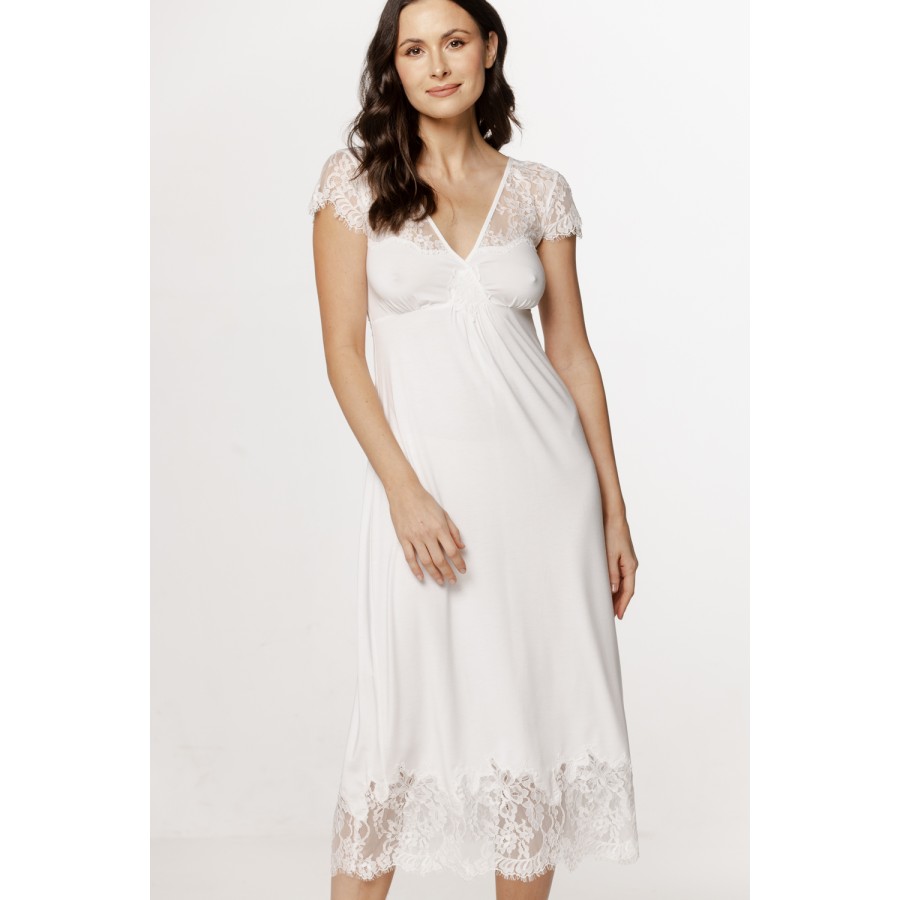 Women's long micromodal nightgown with short lace sleeves and crisscross laces