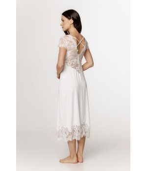 Women's long micromodal nightgown with short lace sleeves and crisscross laces