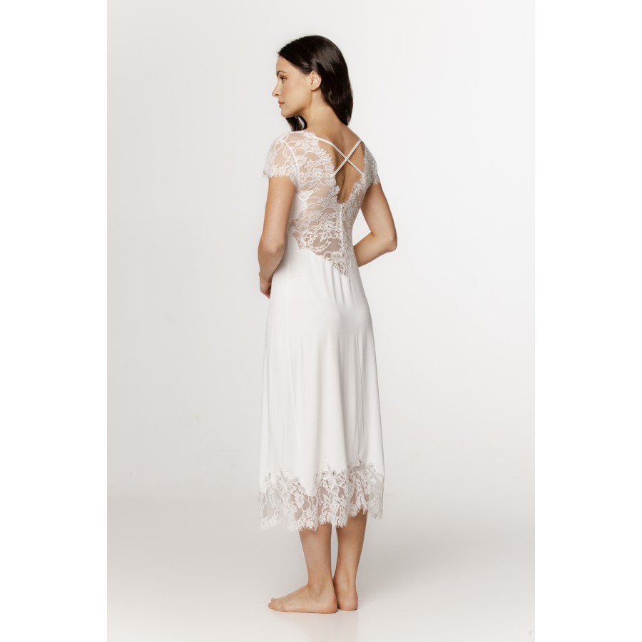 Women's long micromodal nightgown with short lace sleeves and crisscross laces