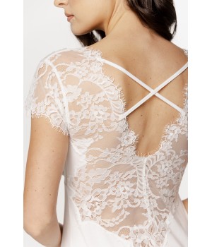 Longue chemise de nuit pour femme en micromodal, manches courtes dentelle et lacets croisés