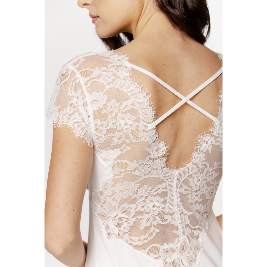 Women's long micromodal nightgown with short lace sleeves and crisscross laces