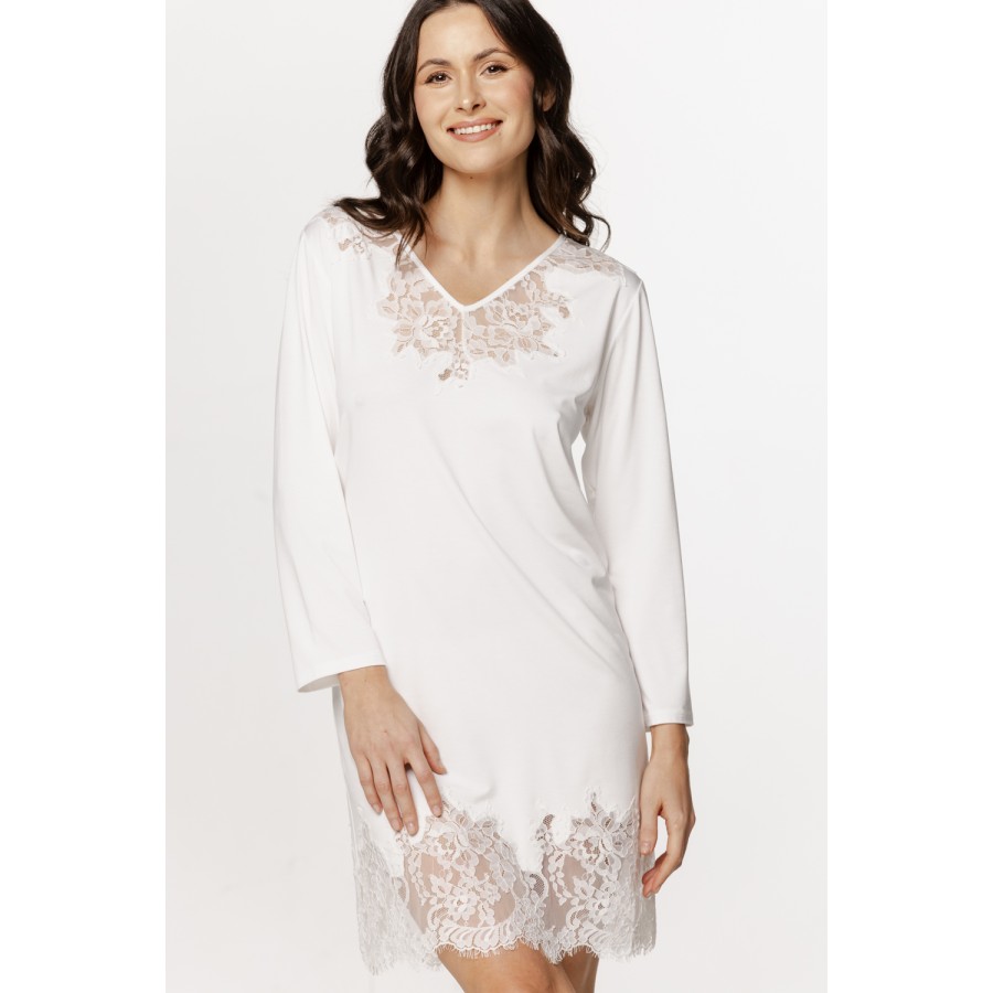 Chemise de nuit tunique pour femme, en micromodal manches longues, jeu de lacets et dentelle
