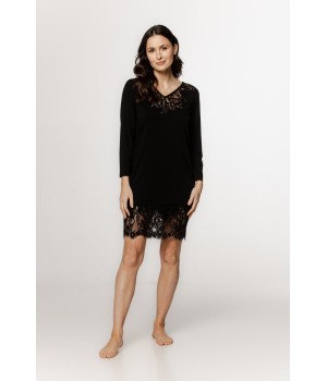Chemise de nuit tunique pour femme, en micromodal manches longues, jeu de lacets et dentelle