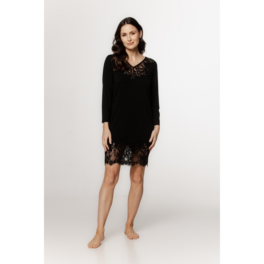 Chemise de nuit tunique pour femme, en micromodal manches longues, jeu de lacets et dentelle Chemise de nuit tunique pour femme, en micromodal manches longues, jeu de lacets et dentelle