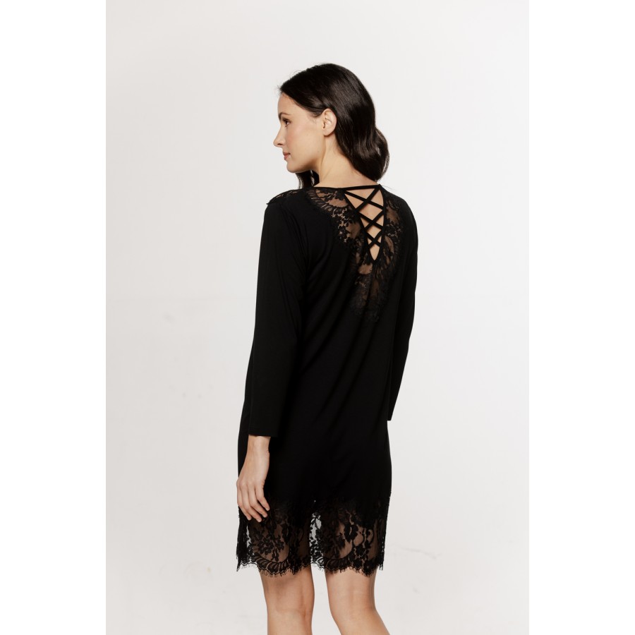 Women's micromodal tunic nightdress with long sleeves and lace trim
