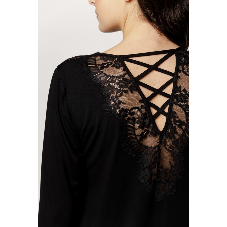 Women's micromodal tunic nightdress with long sleeves and lace trim