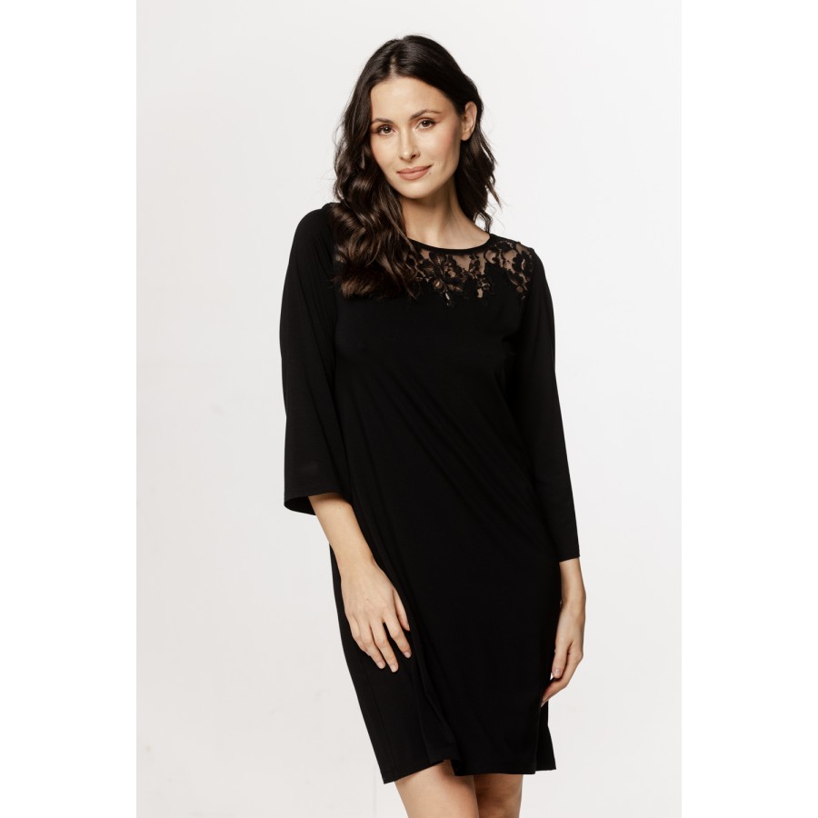Women's micromodal tunic nightdress with ¾ sleeves, crisscross lace trim, and lace.