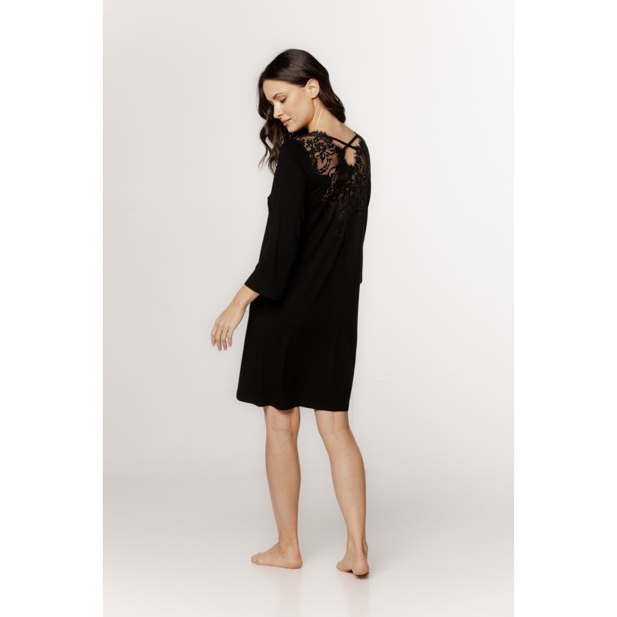 Women's micromodal tunic nightdress with ¾ sleeves, crisscross lace trim, and lace.