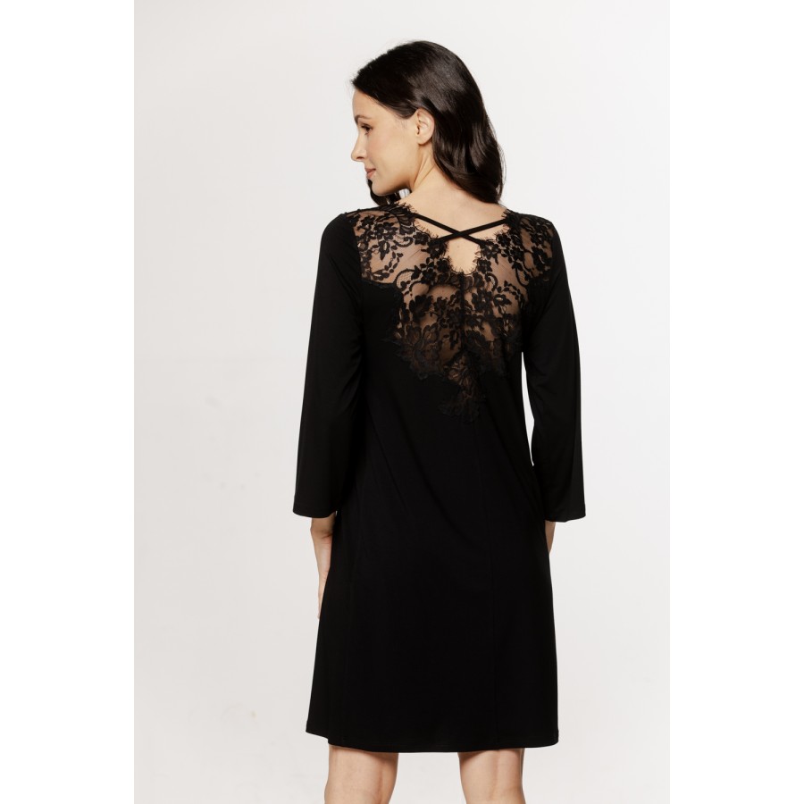 Women's micromodal tunic nightdress with ¾ sleeves, crisscross lace trim, and lace.