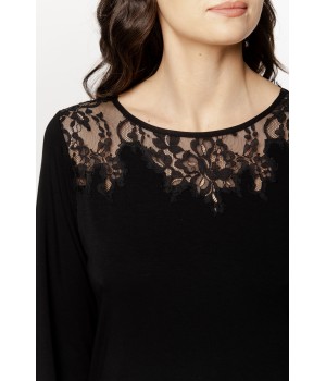 Women's micromodal tunic nightdress with ¾ sleeves, crisscross lace trim, and lace.