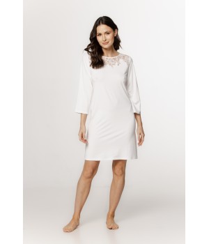 Women's micromodal tunic nightdress with ¾ sleeves, crisscross lace trim, and lace.