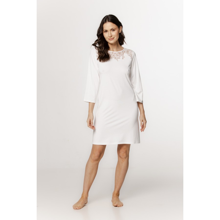 Women's micromodal tunic nightdress with ¾ sleeves, crisscross lace trim, and lace. Women's micromodal tunic nightdress with ¾ sleeves, crisscross lace trim, and lace.
