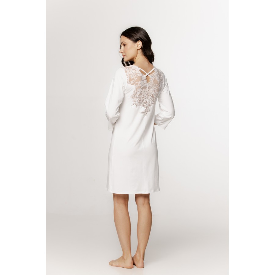 Chemise de nuit tunique pour femme, en micromodal, manches ¾, lacets croisés et dentelle