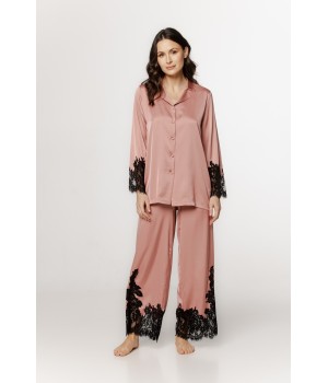 Pijama de satén negro con encaje en mangas y tobillos