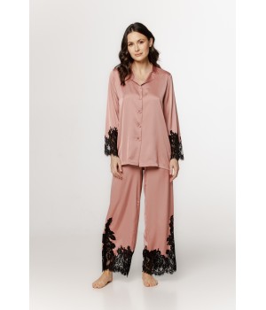 Wunderschönes Satin-Pyjama-Set mit Spitzenbesatz an Unterarmen und Hosensaum