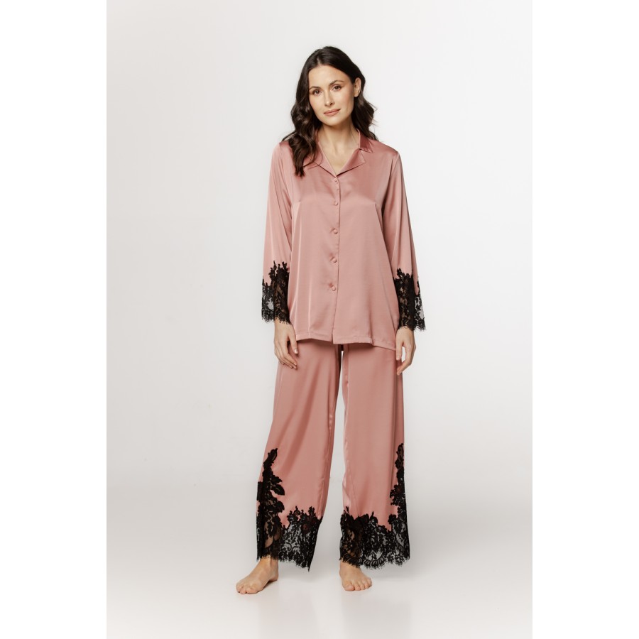 Beautiful satin pajama set with lace trim on the forearms and hem of the pants