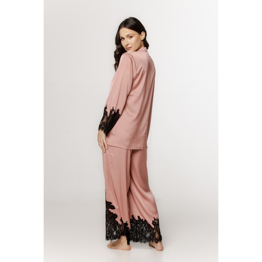 Beautiful satin pajama set with lace trim on the forearms and hem of the pants