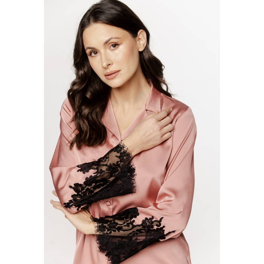 Beautiful satin pajama set with lace trim on the forearms and hem of the pants