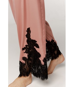 Beautiful satin pajama set with lace trim on the forearms and hem of the pants