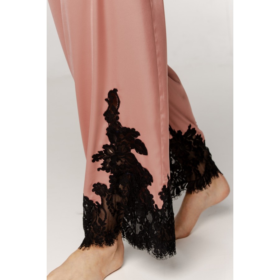 Beautiful satin pajama set with lace trim on the forearms and hem of the pants